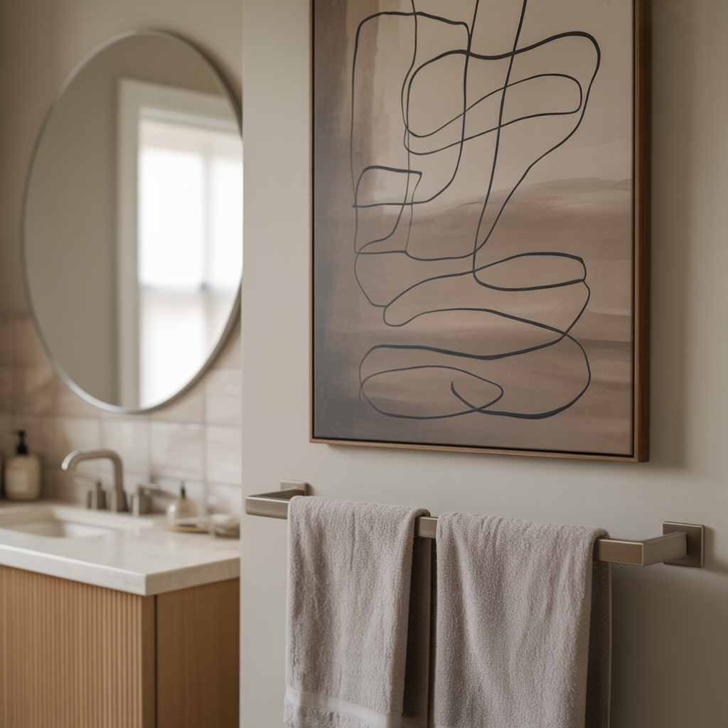 Minimalistic Art Wall with a simple abstract piece in black and taupe near a vanity in a clean, neutral-toned bathroom with wood accents and soft natural light.