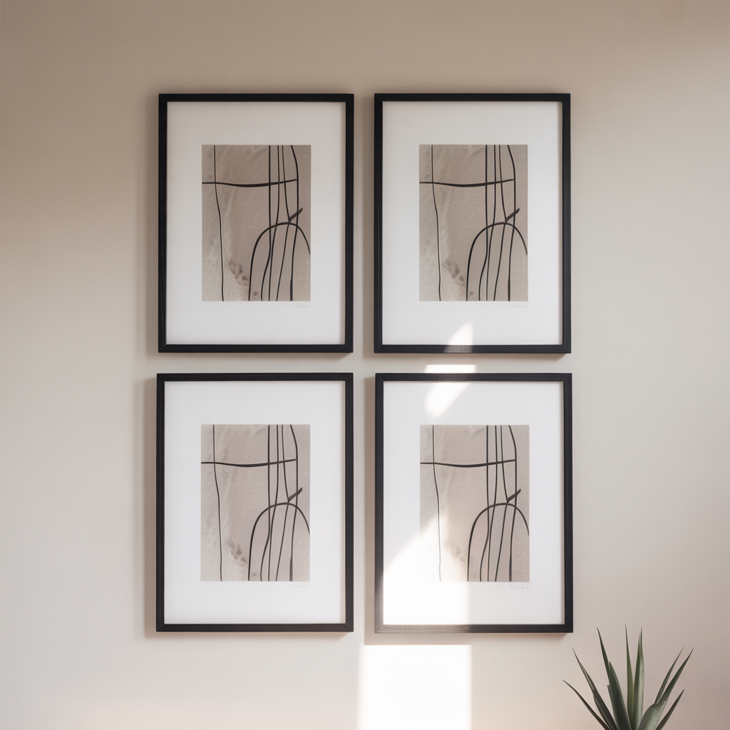 Minimalistic Art Wall showing a symmetrical grid of 4 small framed abstract line prints in soft taupe on a white wall with thin matching frames.