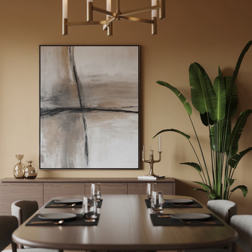 Minimalistic Art Wall with one modern abstract piece in soft grays and taupes in the dining room.