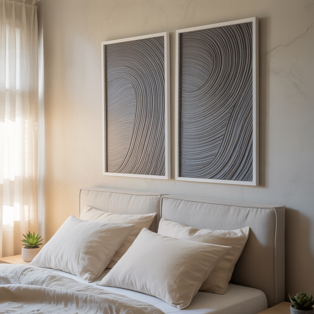 Minimalistic Art Wall above a headboard featuring abstract curved line art on a soft beige wall, with linen bedding, and curtains.