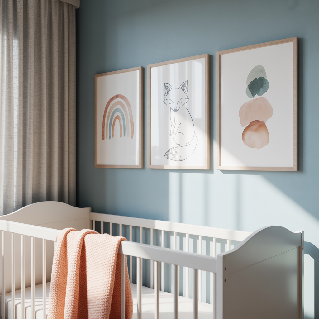 Minimalistic Art Wall with pastel-toned abstract animal and rainbow prints in slim light wood frames above a crib in a soft, calming nursery with natural light and cozy textiles.