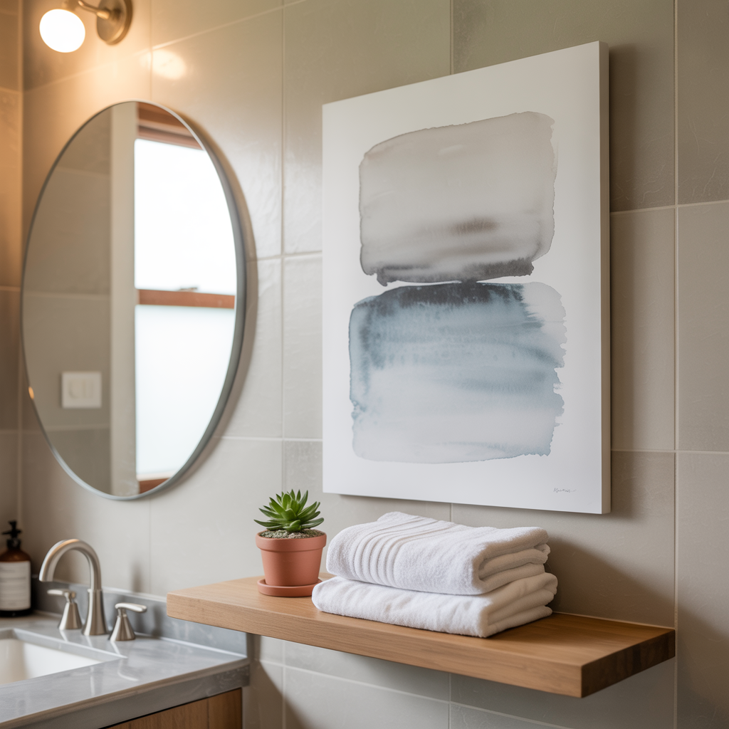Minimalistic Art Wall with a modern abstract watercolor wash, with other decor accents in a bathroom. 