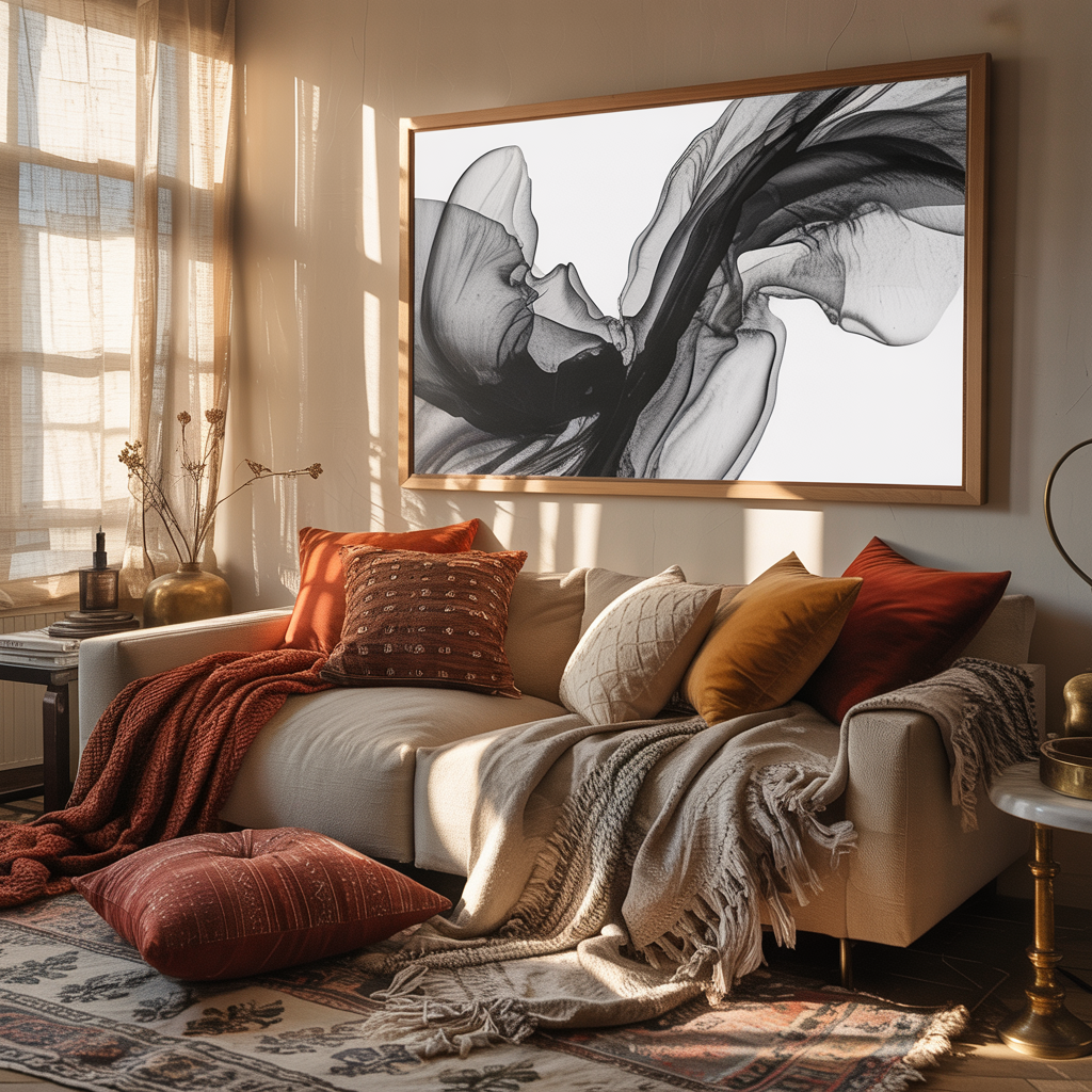 Black and white prints anchor a cozy bohemian living room with layered textiles, vintage accents, and warm eclectic style in natural afternoon light