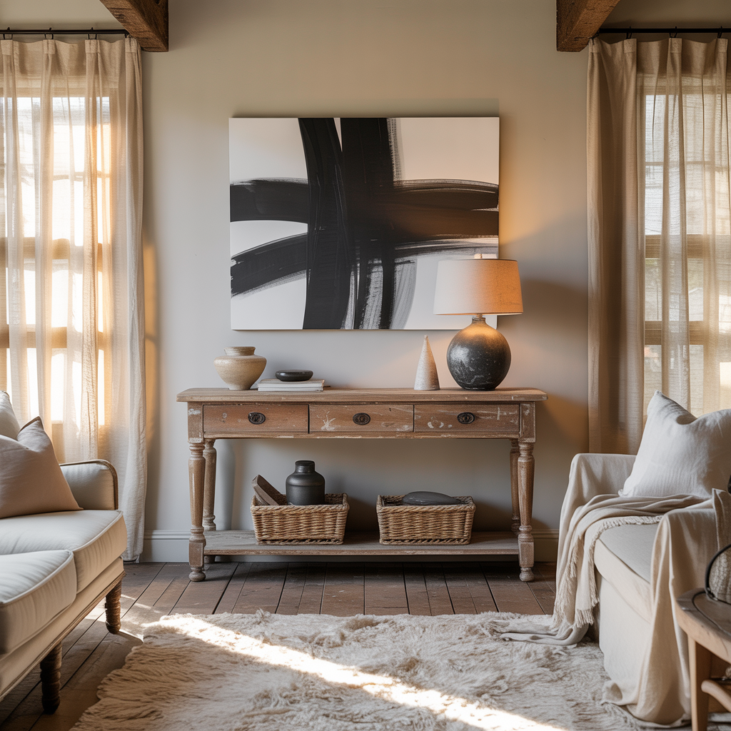 **Meta Description:**  
Black and white prints bring contrast to a cozy farmhouse living room with reclaimed wood, linen textiles, rustic console, and warm vintage-inspired charm.