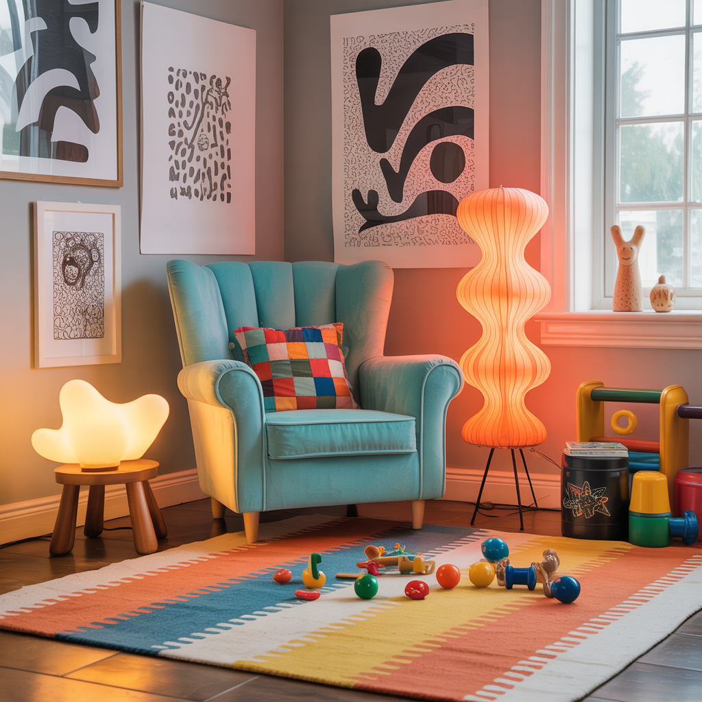 Black and white prints anchor a playful kids’ room with doodle artwork, bright furniture, patterned rugs, and colorful lighting for a vibrant, cheerful vibe.