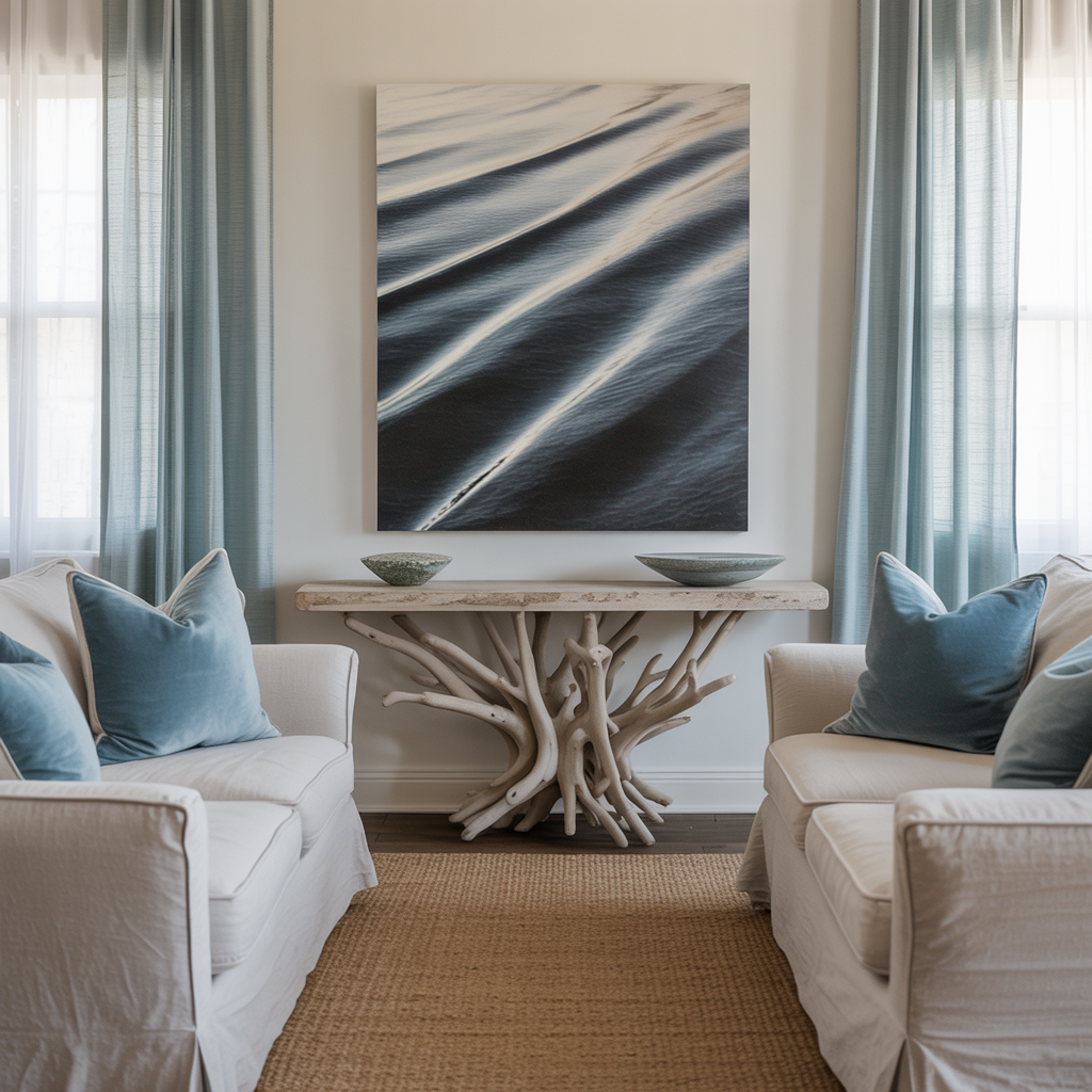 Black and white prints add striking contrast to a coastal chic living room with sandy neutrals, soft blues, natural textures, and an airy, relaxed vibe.