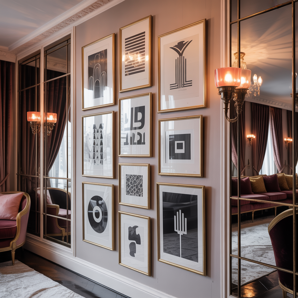  Black and white prints elevate an Art Deco room with jewel tones, brass details, mirrored accents, and a curated gallery wall for an elegant, balanced look.
