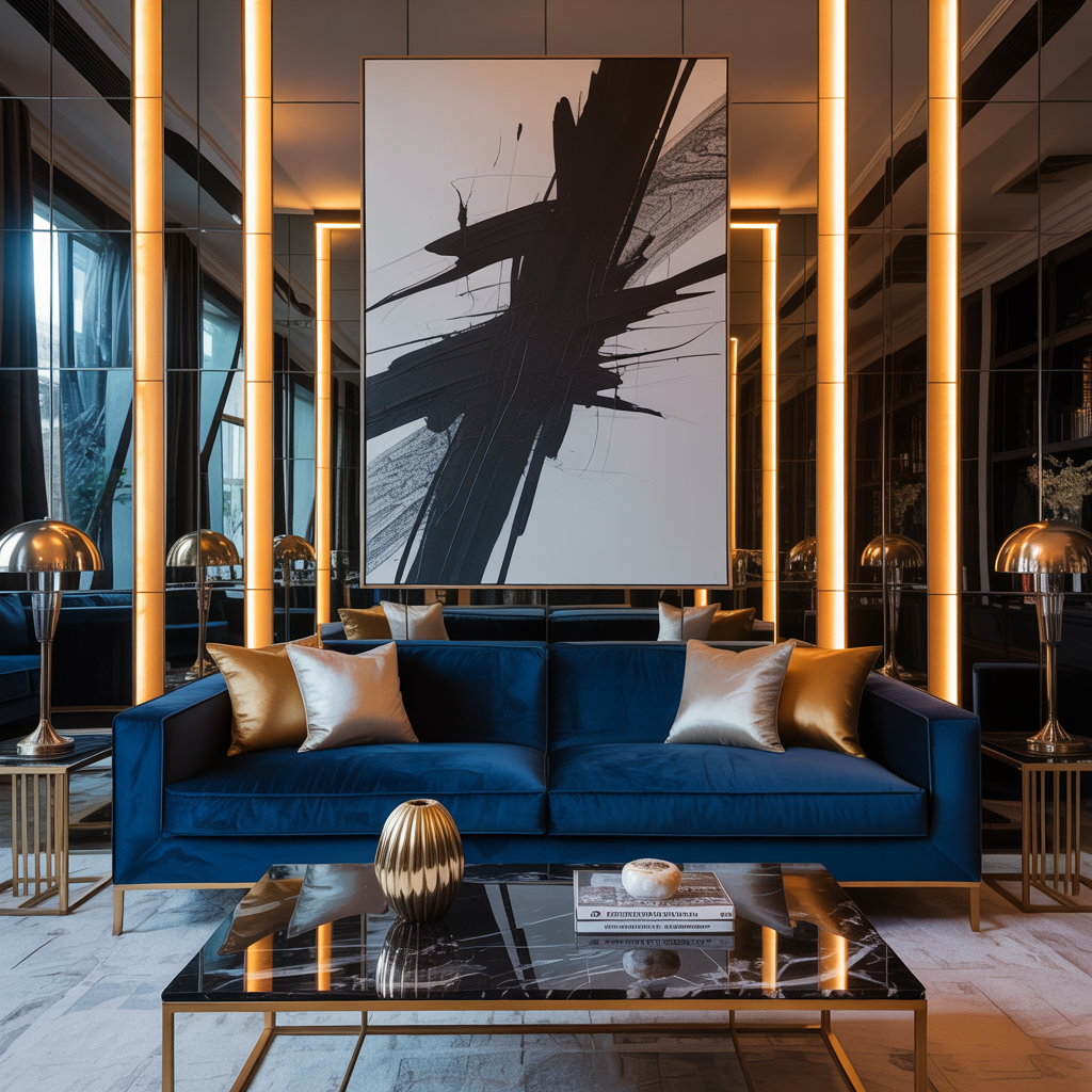 Black and white prints add bold contrast to a glam interior with a sapphire velvet sofa, jewel-toned accents, gold lighting, and luxe mirrored details.