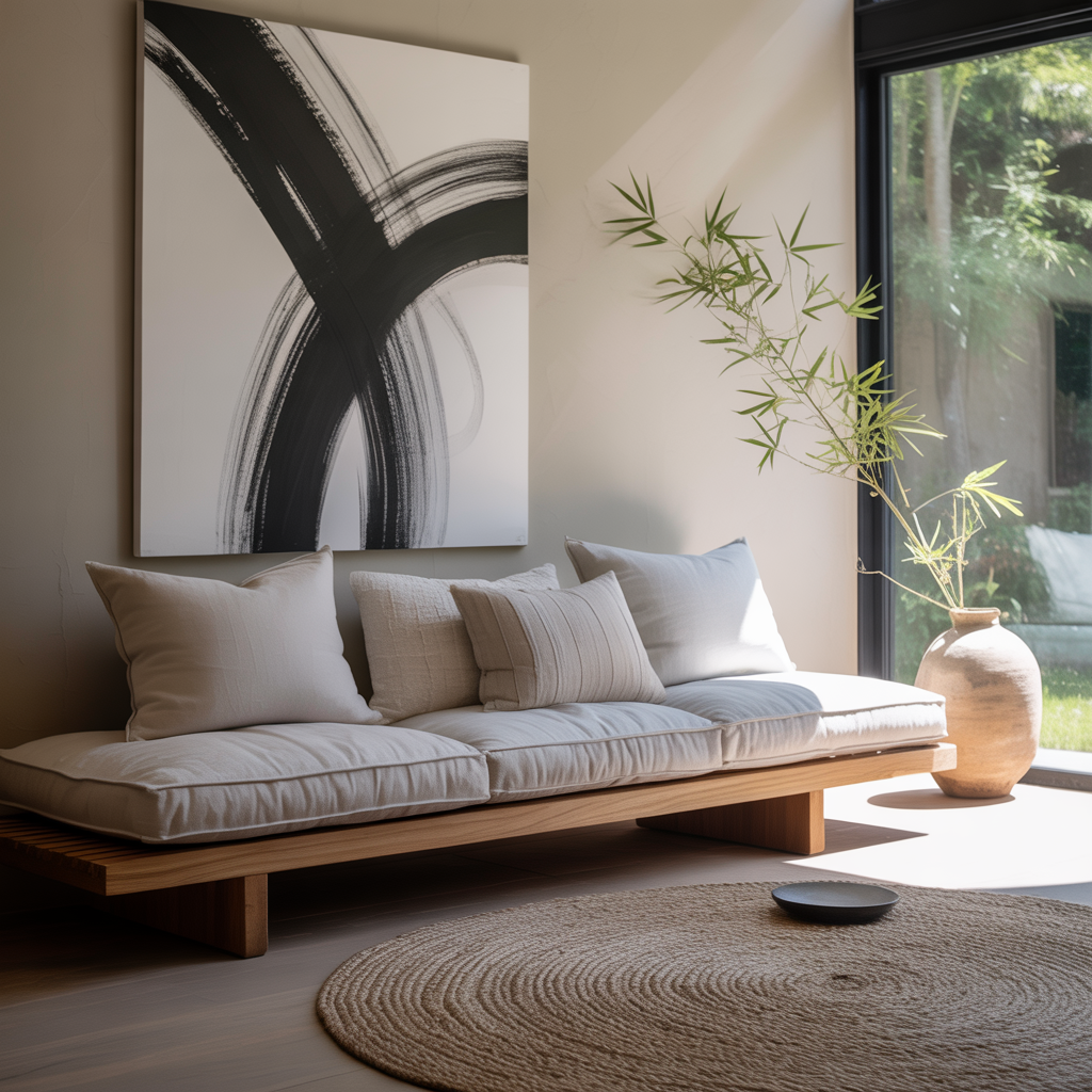 Black and white prints bring calm contrast to a Japandi living room with light oak furniture, linen upholstery, and a minimalist, serene atmosphere.
