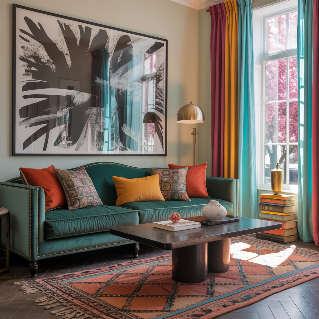 Black and white prints ground a vibrant maximalist living room with bold colors, layered patterns, neon rug, and eclectic textures for balanced, artistic energy.