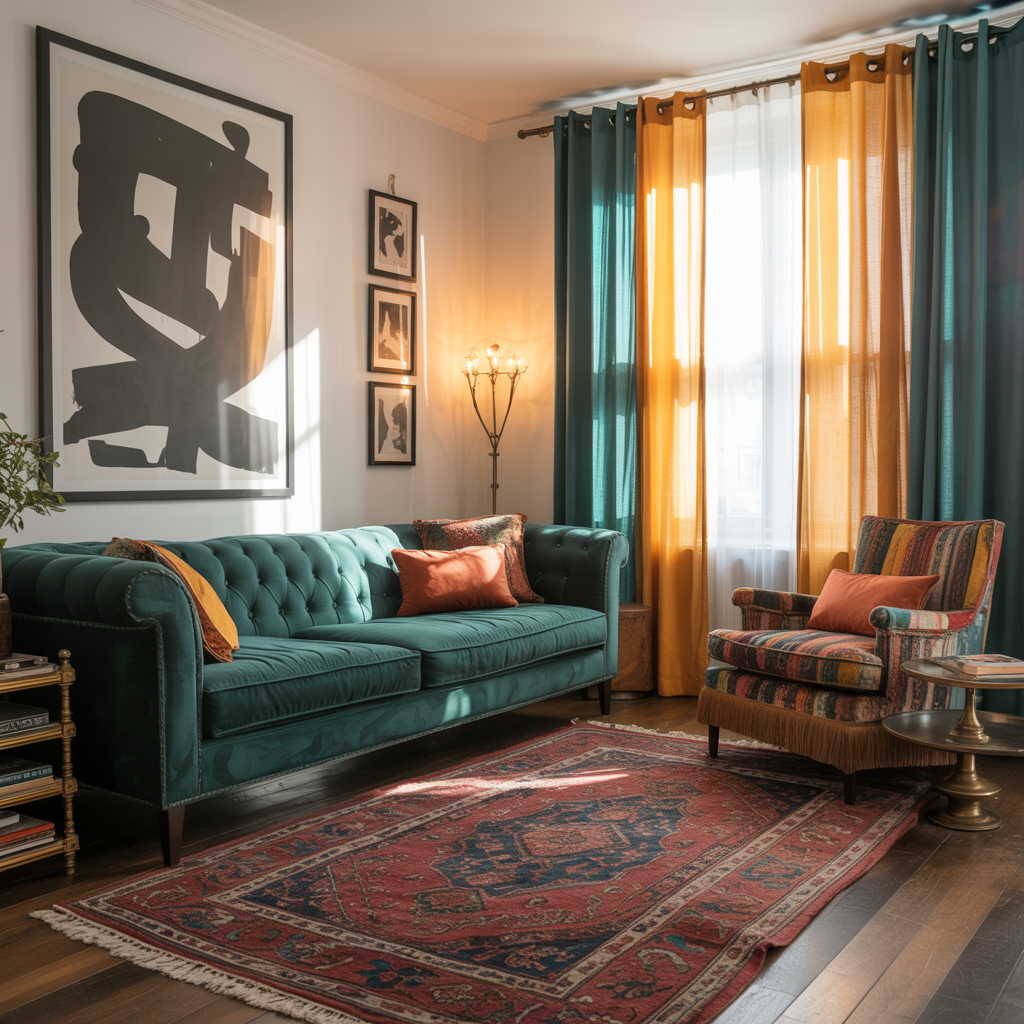 Black and white prints anchor eclectic living rooms, adding balance and clarity to layered textures, bold colors, and expressive abstract wall art.