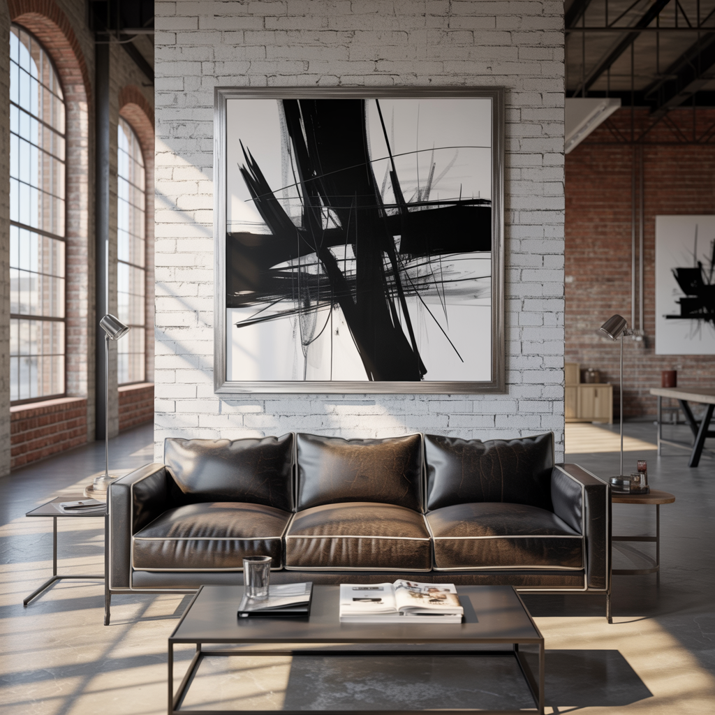 Black and white prints add edgy elegance to an industrial loft living room with brick walls, concrete floors, metal accents, and a worn leather sofa.