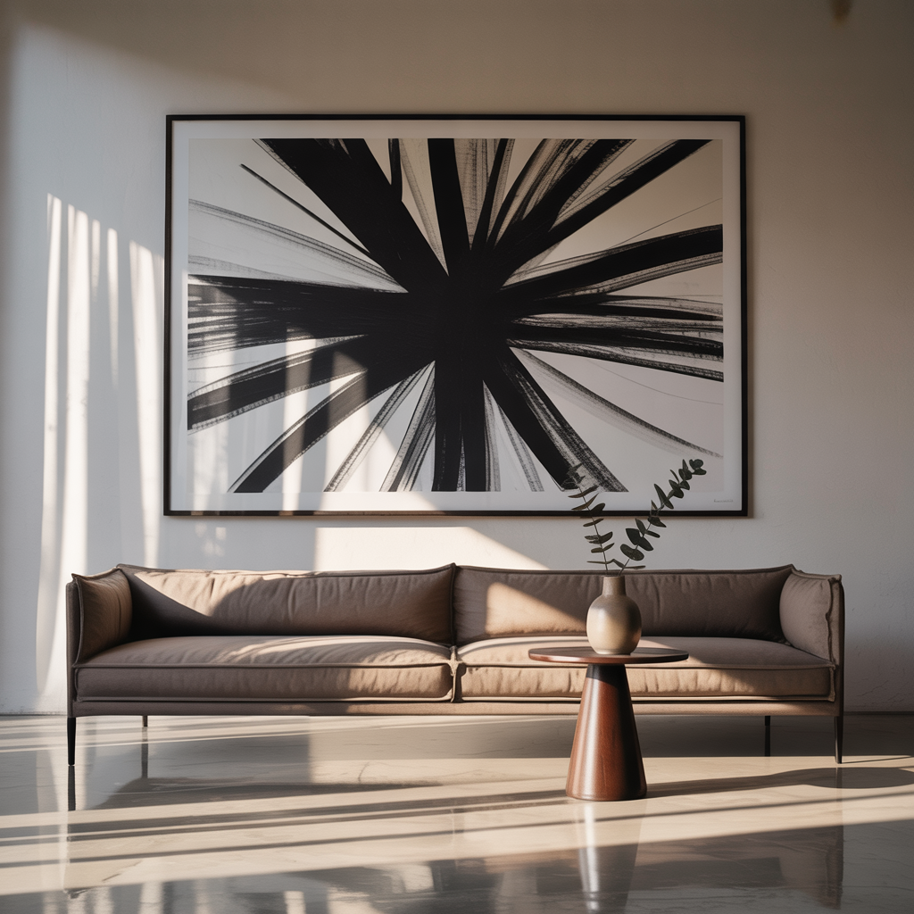 Modern minimalist living room featuring black and white prints above a neutral sofa, with clean lines, wood accents, and soft natural light.