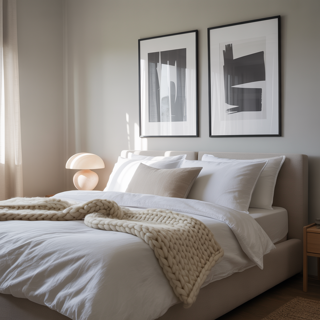 **Meta Description:**  
Black and white prints create a serene focal point in a Scandinavian bedroom with light neutrals, minimalist design, cozy textures, and soft natural light.