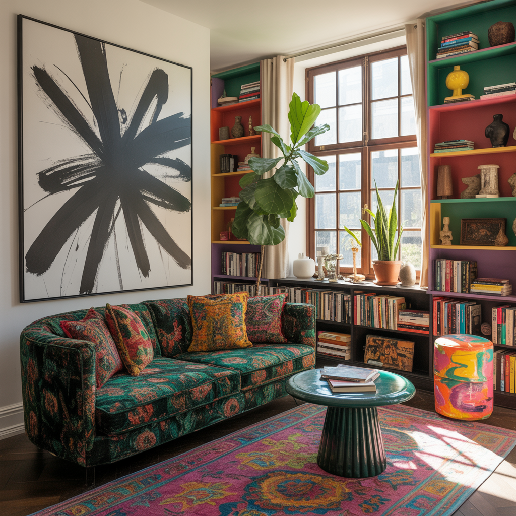Black and white prints ground a vibrant maximalist living room with bold colors, layered patterns, neon rug, and eclectic textures for balanced, artistic energy.
