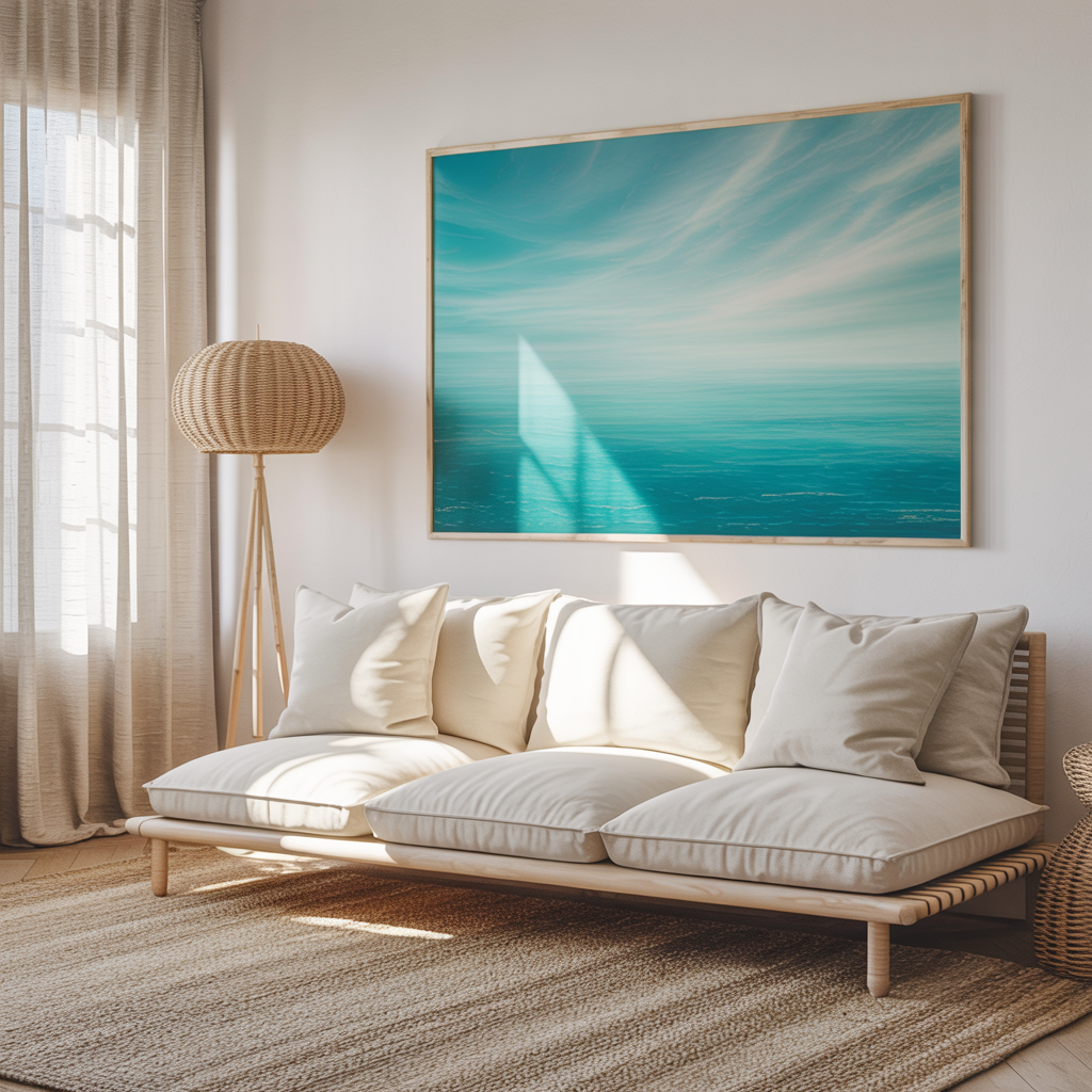 Minimalist coastal interior with neutral tones, beach wall art in simple frames, jute rug, and serene ocean-inspired decor.