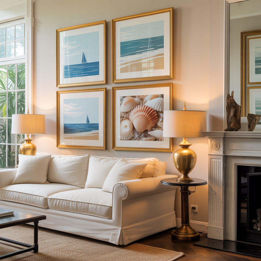 Traditional living room with four framed beach wall art prints above a mantel, featuring gentle blues, warm neutrals, wood and gold accents, and classic elegant furniture.