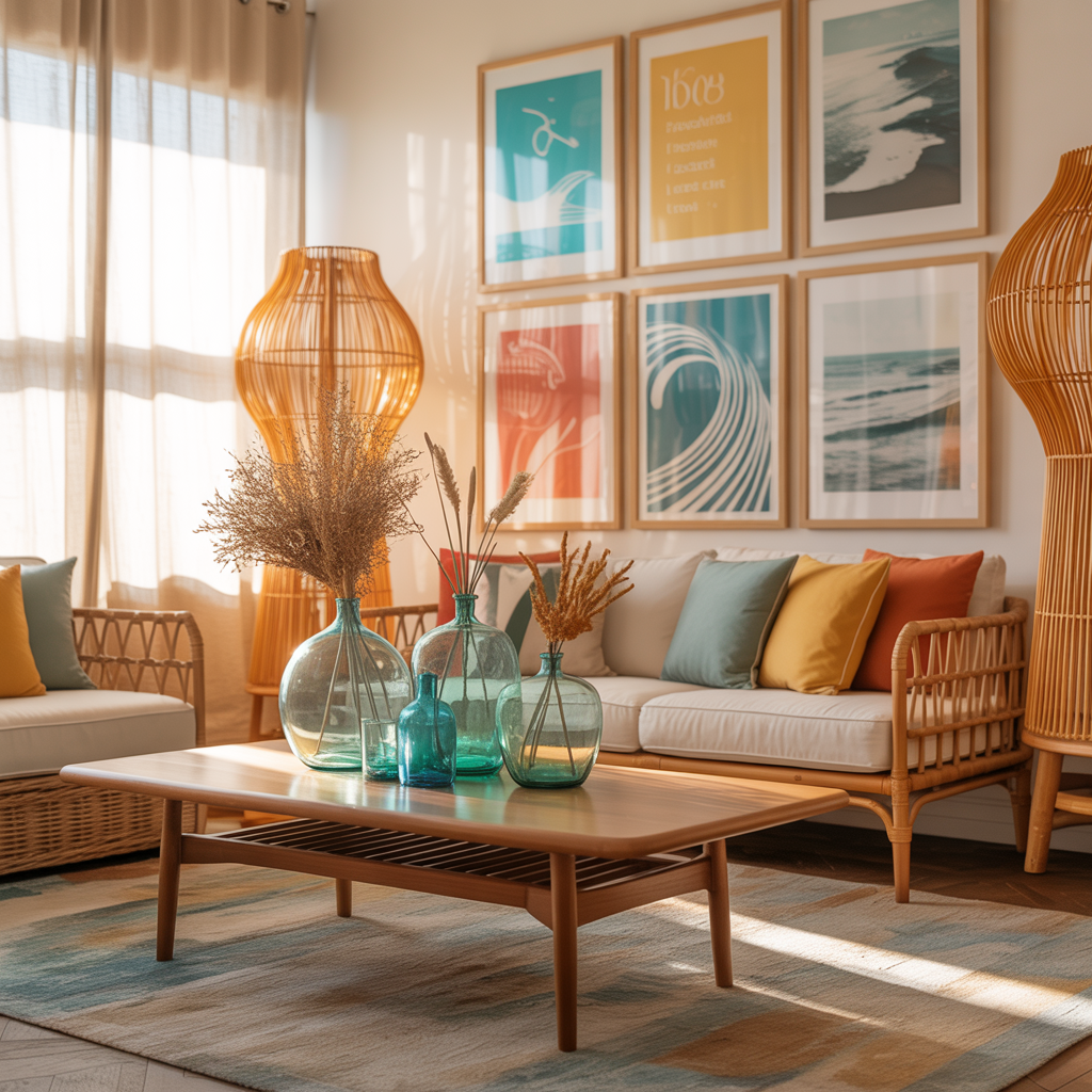 Retro coastal interior with playful beach wall art, mid-century furniture, rattan textures, and bold turquoise and coral accents