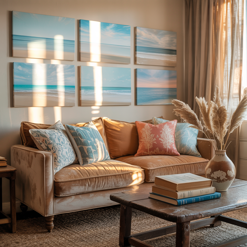 Eclectic living room featuring layered textures, vintage accents, and beach wall art canvas with ocean tones