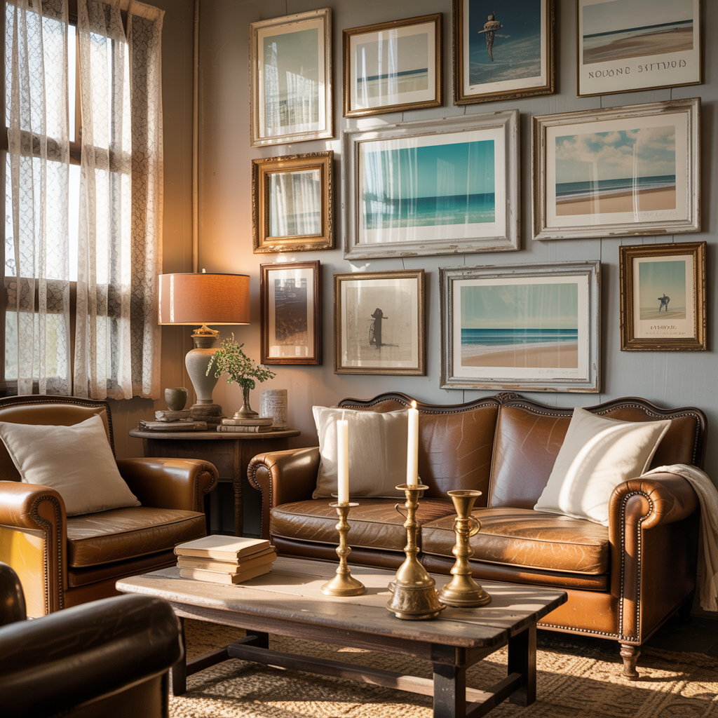 Vintage living room with antique-framed beach wall art, distressed furniture, lace curtains, brass accents, and soft muted coastal tones
