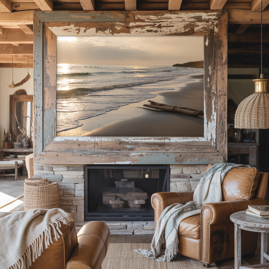 Rustic interior with reclaimed wood accents, cozy textures, and beach wall art framed in distressed wood above a stone wall and fireplace.