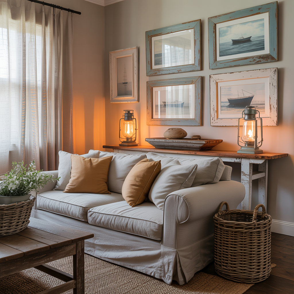 Farmhouse-style interior with coastal touches, distressed wood frames, beach wall art, woven baskets, and soft neutral tones.