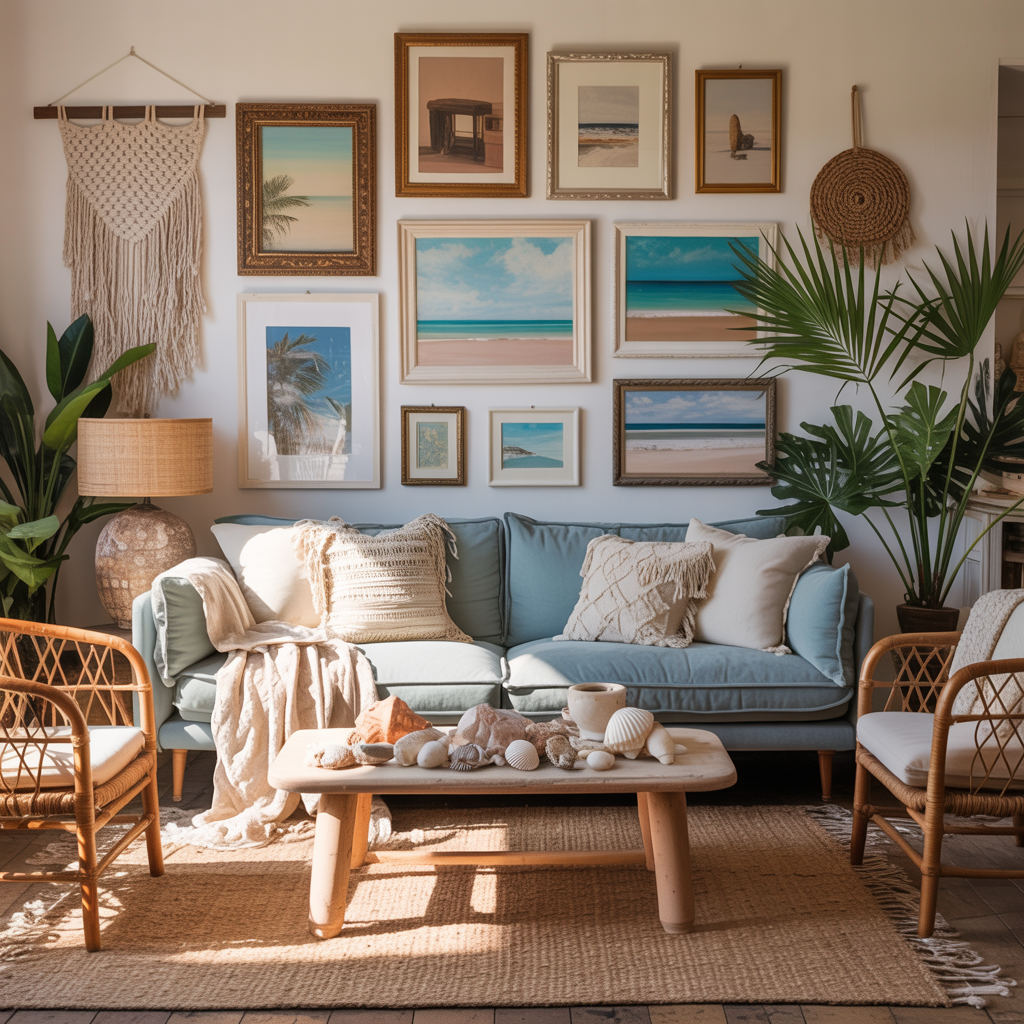 Bohemian coastal interior with sky blue sofa, eclectic beach wall art, rattan furniture, layered textiles, and lush indoor plants