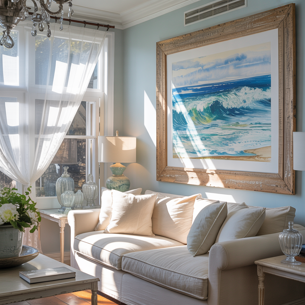 Elegant coastal room with natural wood framed beach wall art, soft blue tones, sheer curtains, and crystal lighting