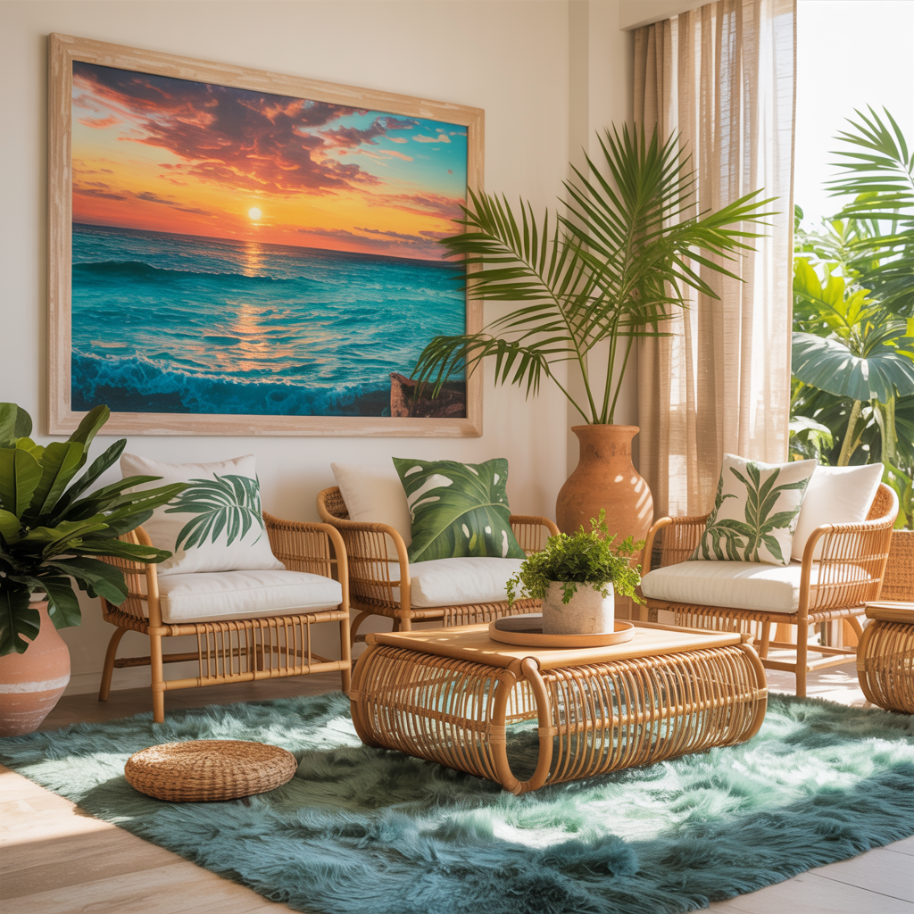 Tropical coastal interior with large beach wall art, bamboo furniture, woven lighting, lush plants, and ocean blue and green accents