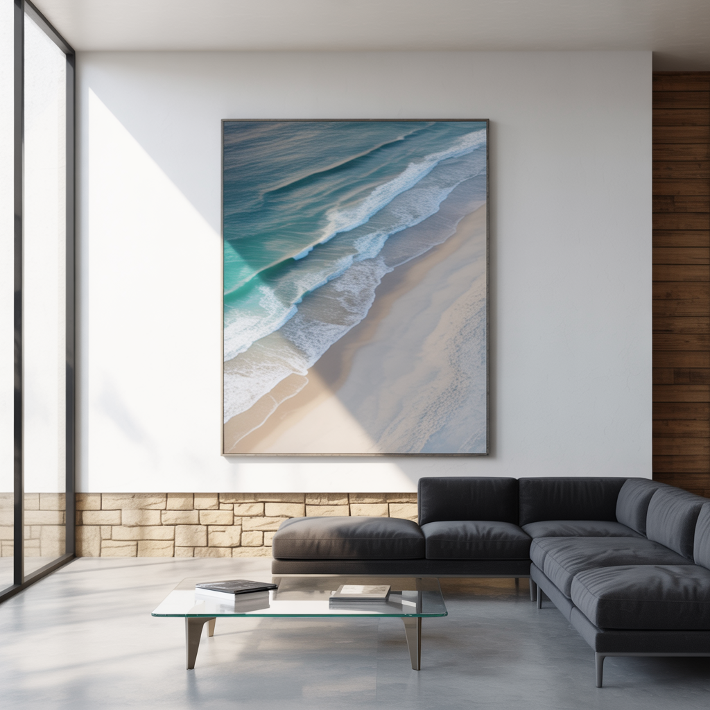 Modern coastal interior with large beach wall art, neutral furniture, clean lines, and sleek materials like glass, metal, and stone.
