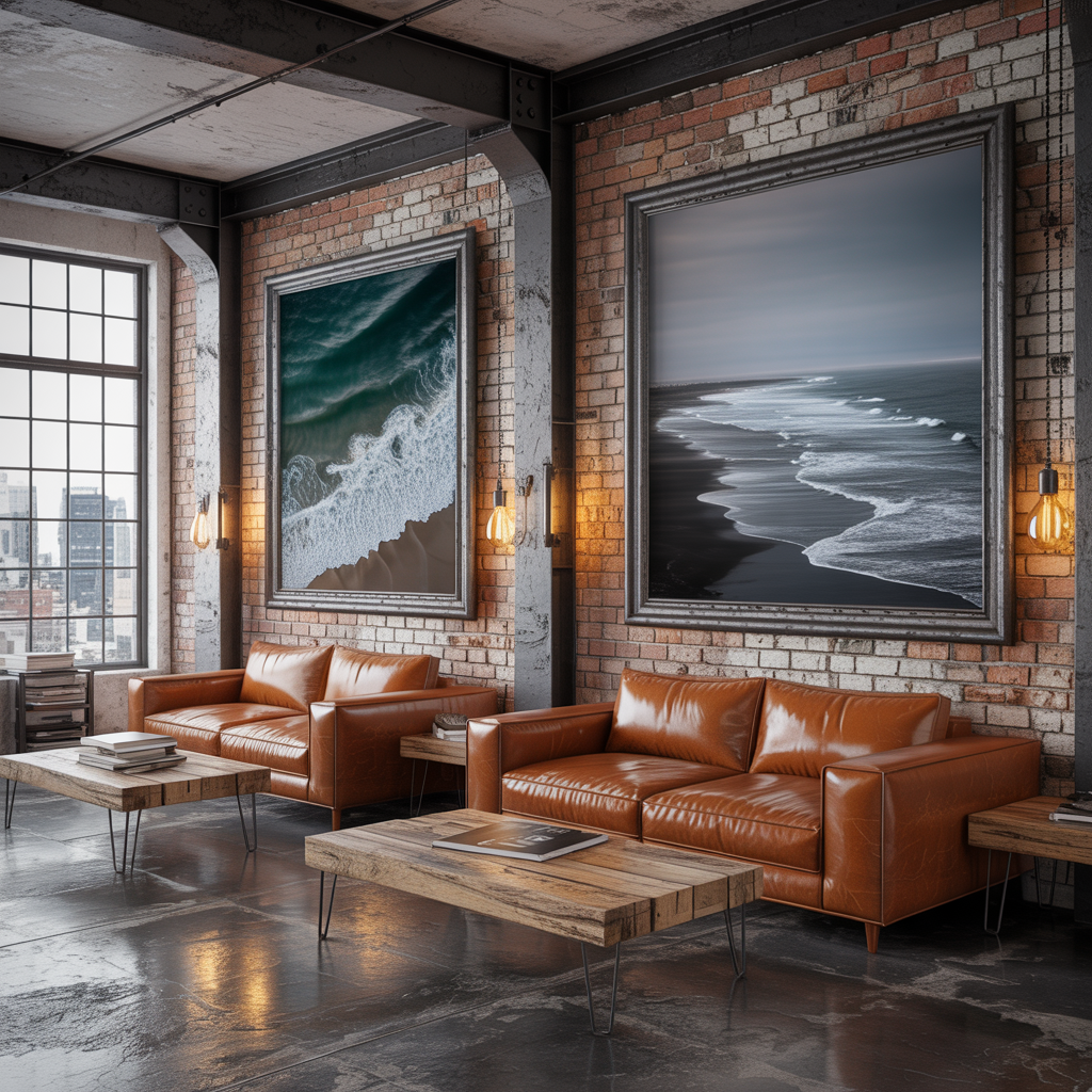 Industrial coastal interior with beach wall art in black metal frames, exposed brick, leather seating, and raw wood and steel accents.