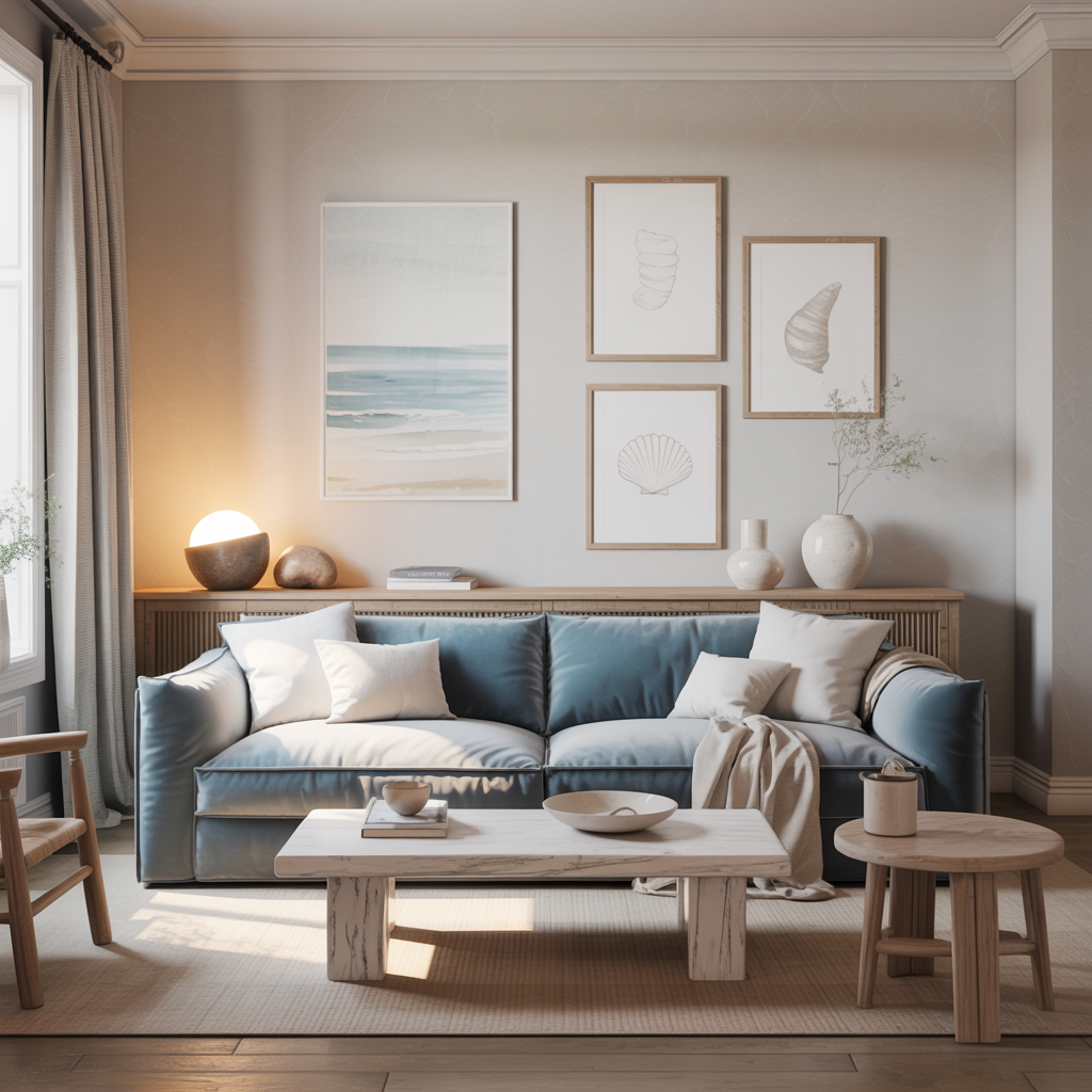 Scandinavian coastal interior with muted sea blue couch, soft neutral tones, and beach wall art in natural wood and white frames.