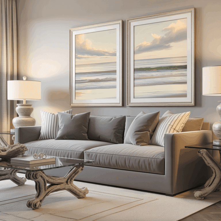 Transitional coastal living room with muted gray furniture, neutral tones, and beach wall art framed simply for a calm, refined look.