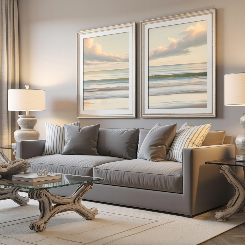Transitional coastal living room with muted gray furniture, neutral tones, and beach wall art framed simply for a calm, refined look.