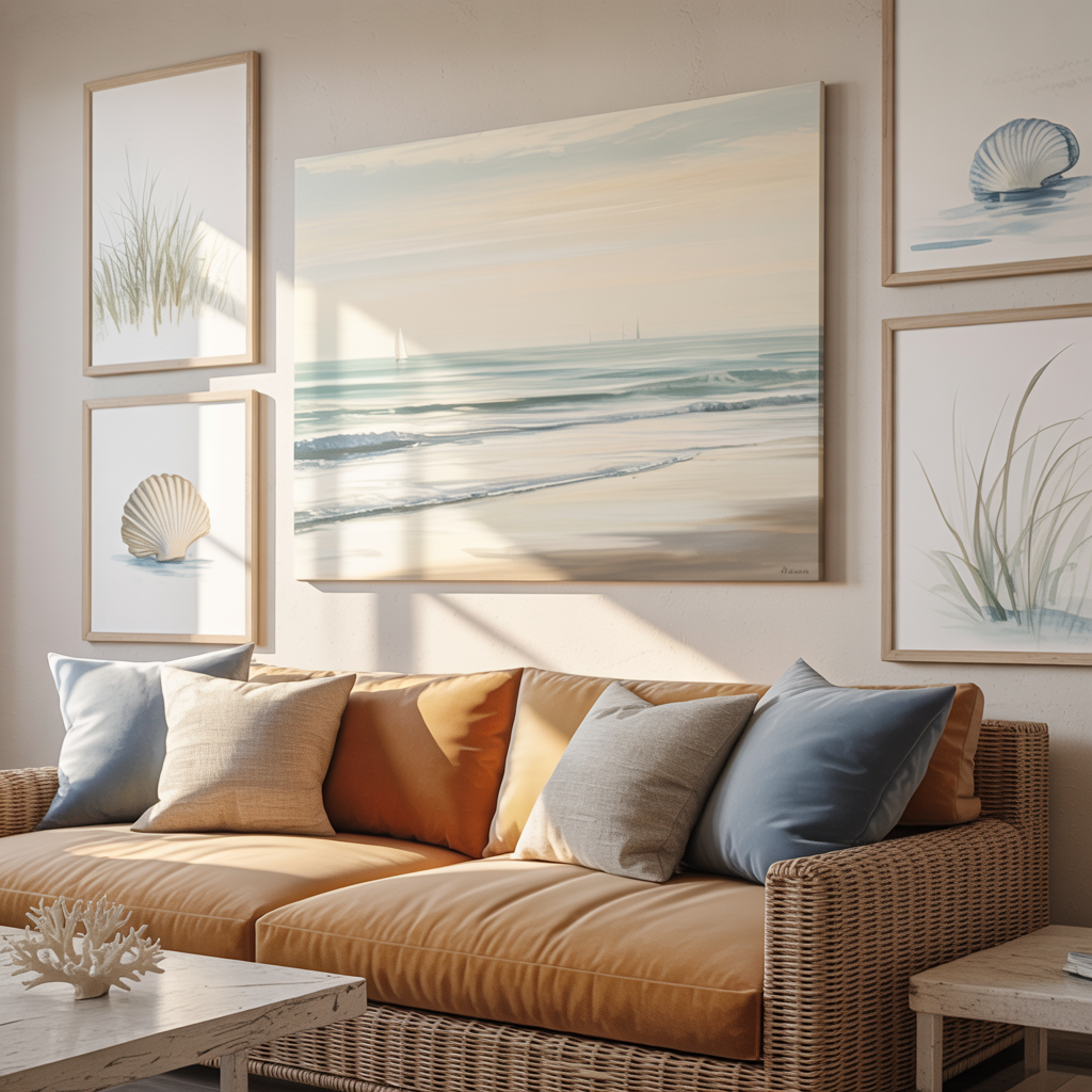 Coastal interior with tan sofa, soft ambient lighting, and beach wall art of sailboats and dunes in light frames for a serene, uncluttered look.