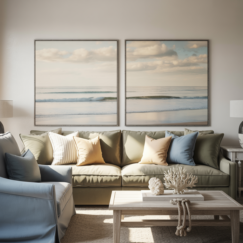 Transitional coastal living room with muted gray furniture, neutral tones, and beach wall art framed simply for a calm, refined look.