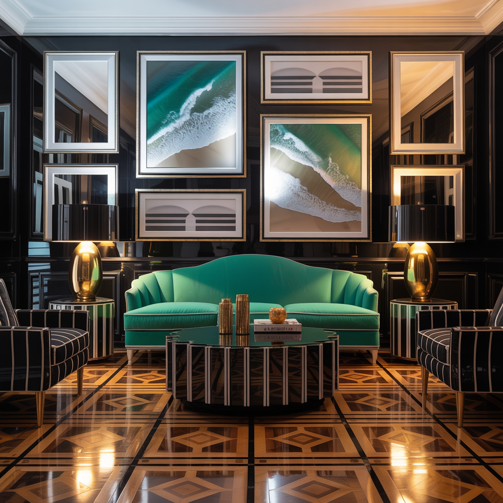 Art Deco coastal interior with geometric design, metallic accents, and beach wall art featuring stylized waves in gold frames.